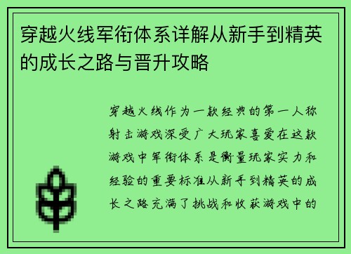 穿越火线军衔体系详解从新手到精英的成长之路与晋升攻略