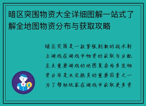 暗区突围物资大全详细图解一站式了解全地图物资分布与获取攻略